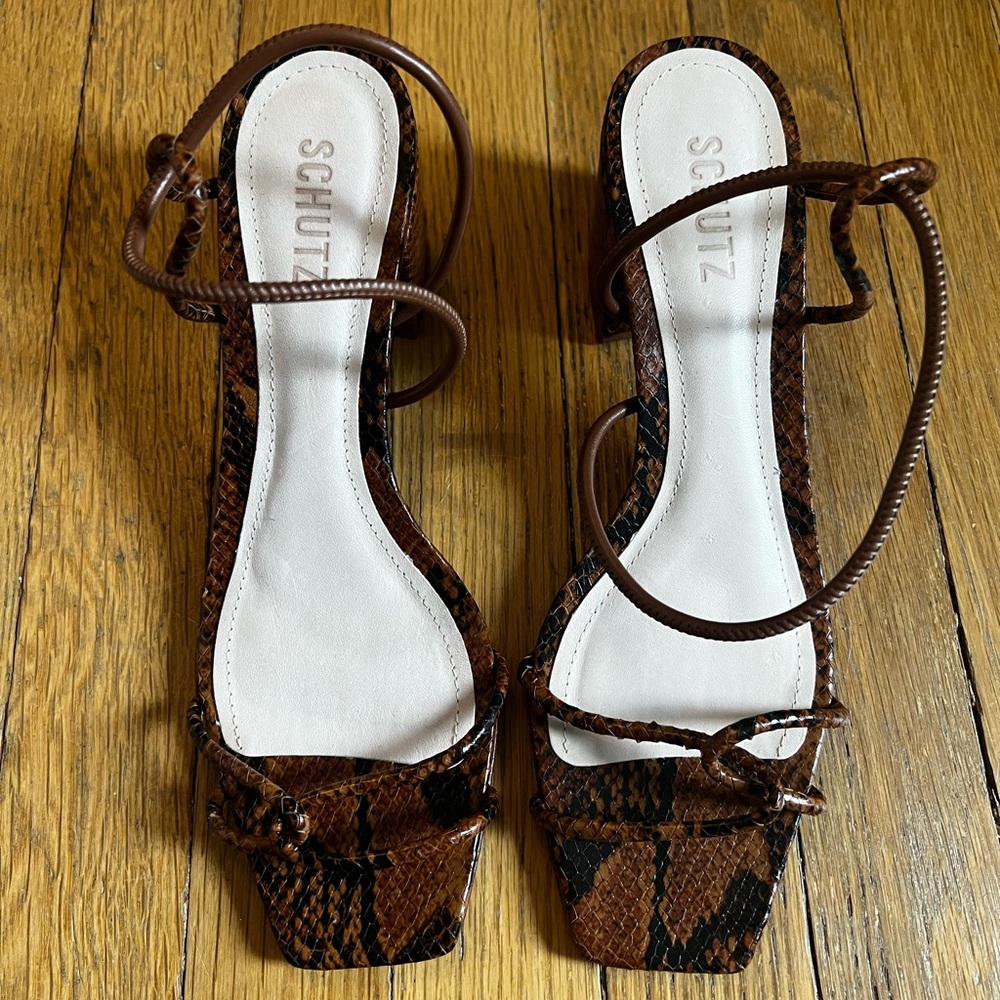 Schutz Airana Leather Slingback Sandal in Wood / Snake Effect Leather Size 10